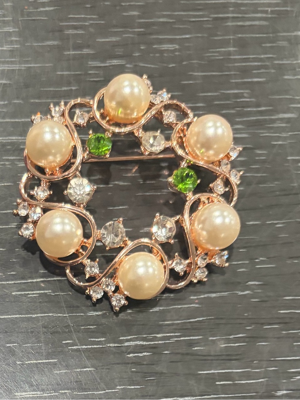 Pearl & Crystal Wreath Brooch in Rose Gold with Green Accents